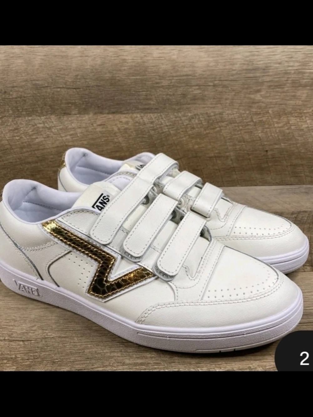 NEW Vans White Sneakers with Gold Accent - Velcro Straps. Size 8.5  (no box)